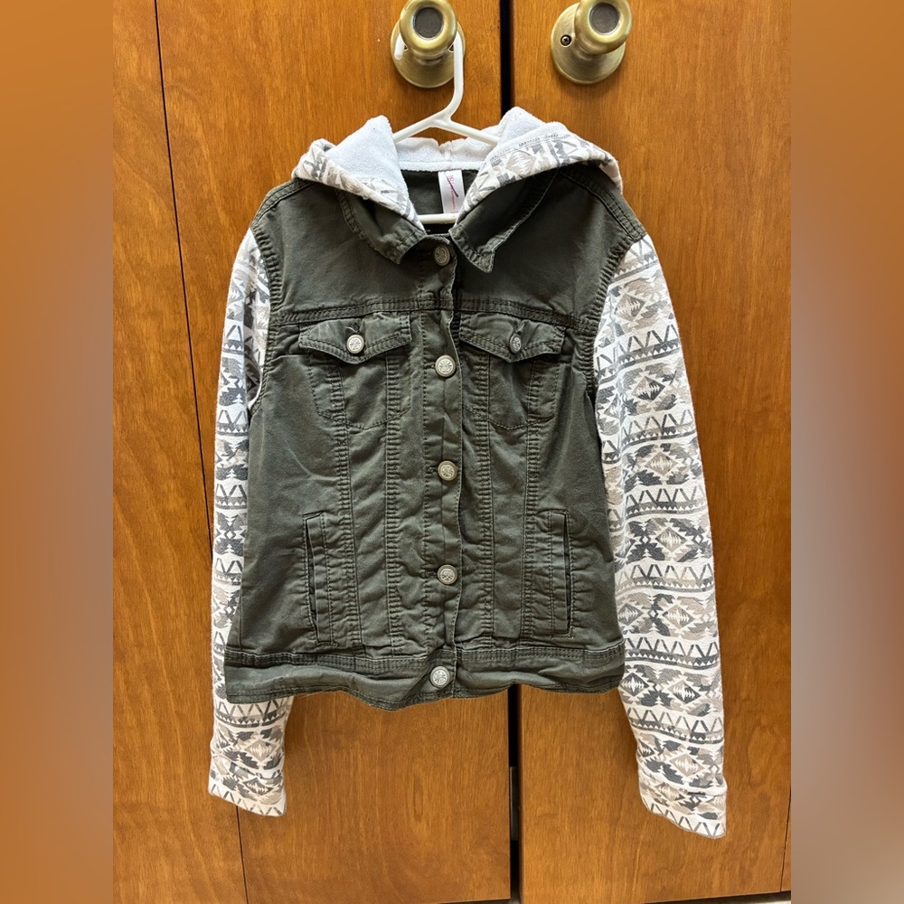 No Boundaries Olive Green Jean Jacket with Patterned Sleeves